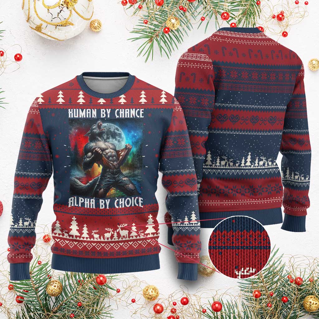 Alpha Wolf Ugly Christmas Sweater Human By Chance Alpha By Choice - Wonder Print Shop
