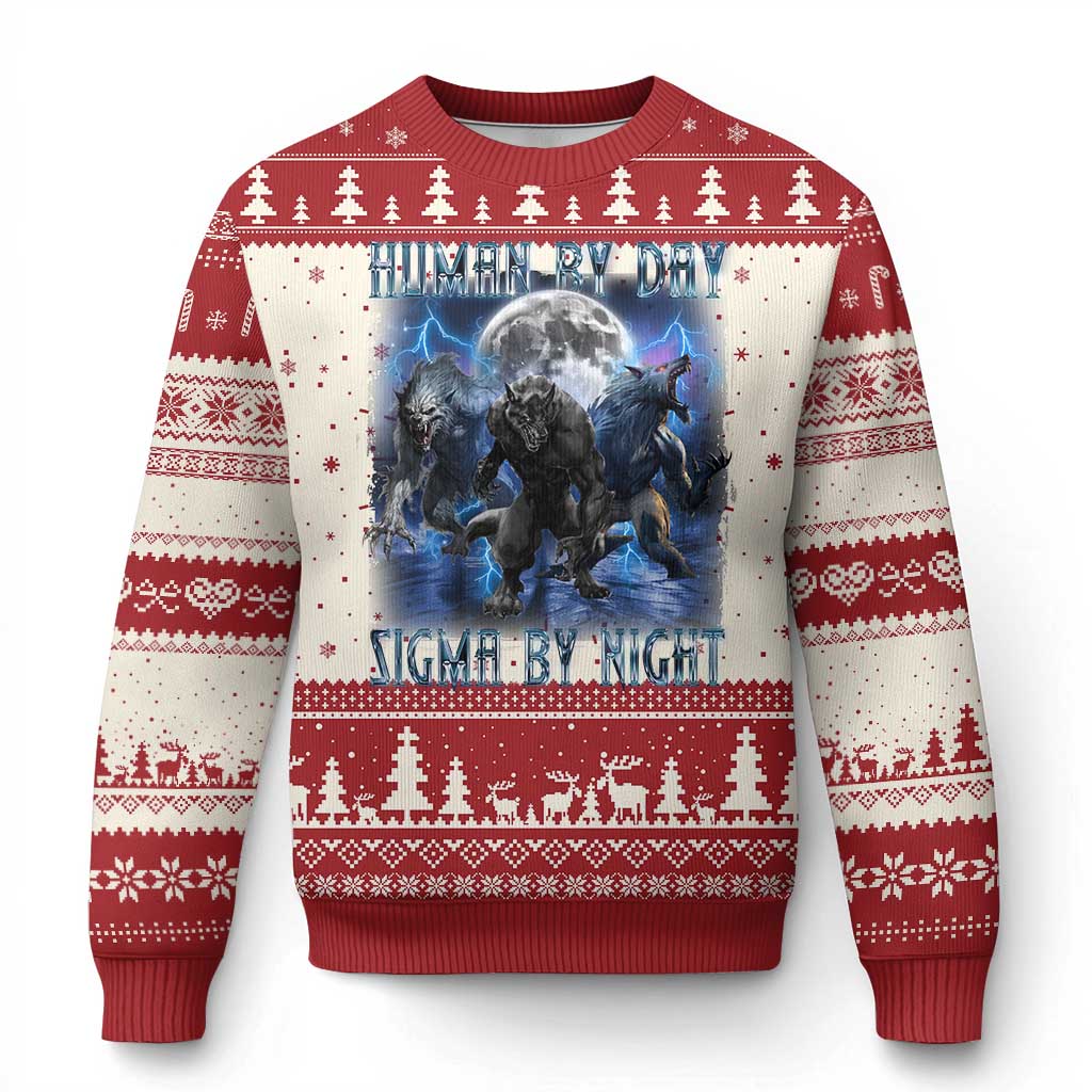 Alpha Wolf Ugly Christmas Sweater Human By Day Sigma By Night - Wonder Print Shop