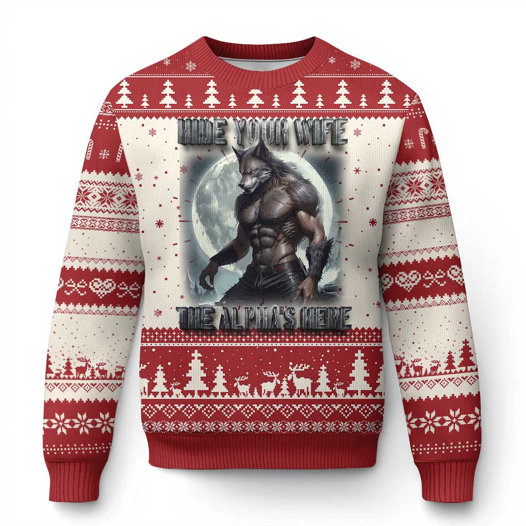 Alpha Wolf Ugly Christmas Sweater Hide Your Wife The Alpha's Here - Wonder Print Shop