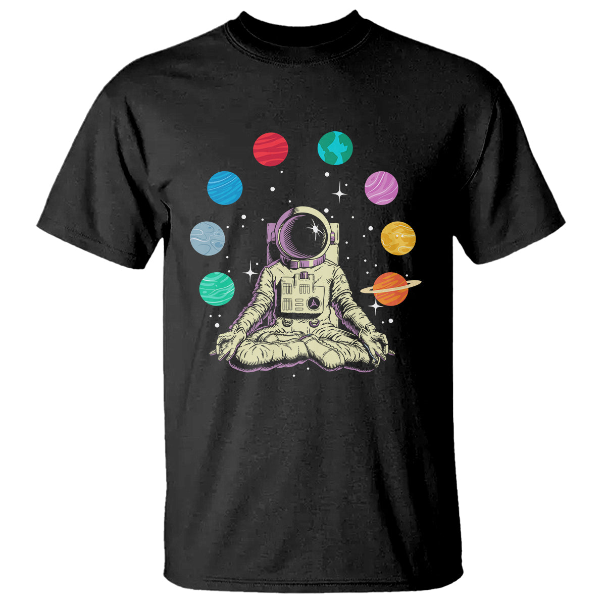 Meditating In Outer Space T Shirt Astronaut Yoga Meditation Position With Solar System Planets - Wonder Print Shop