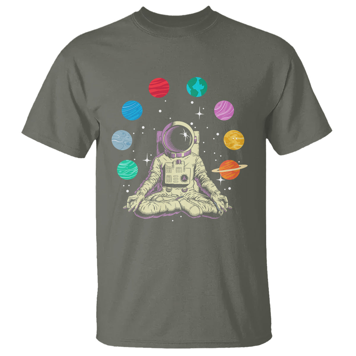 Meditating In Outer Space T Shirt Astronaut Yoga Meditation Position With Solar System Planets - Wonder Print Shop