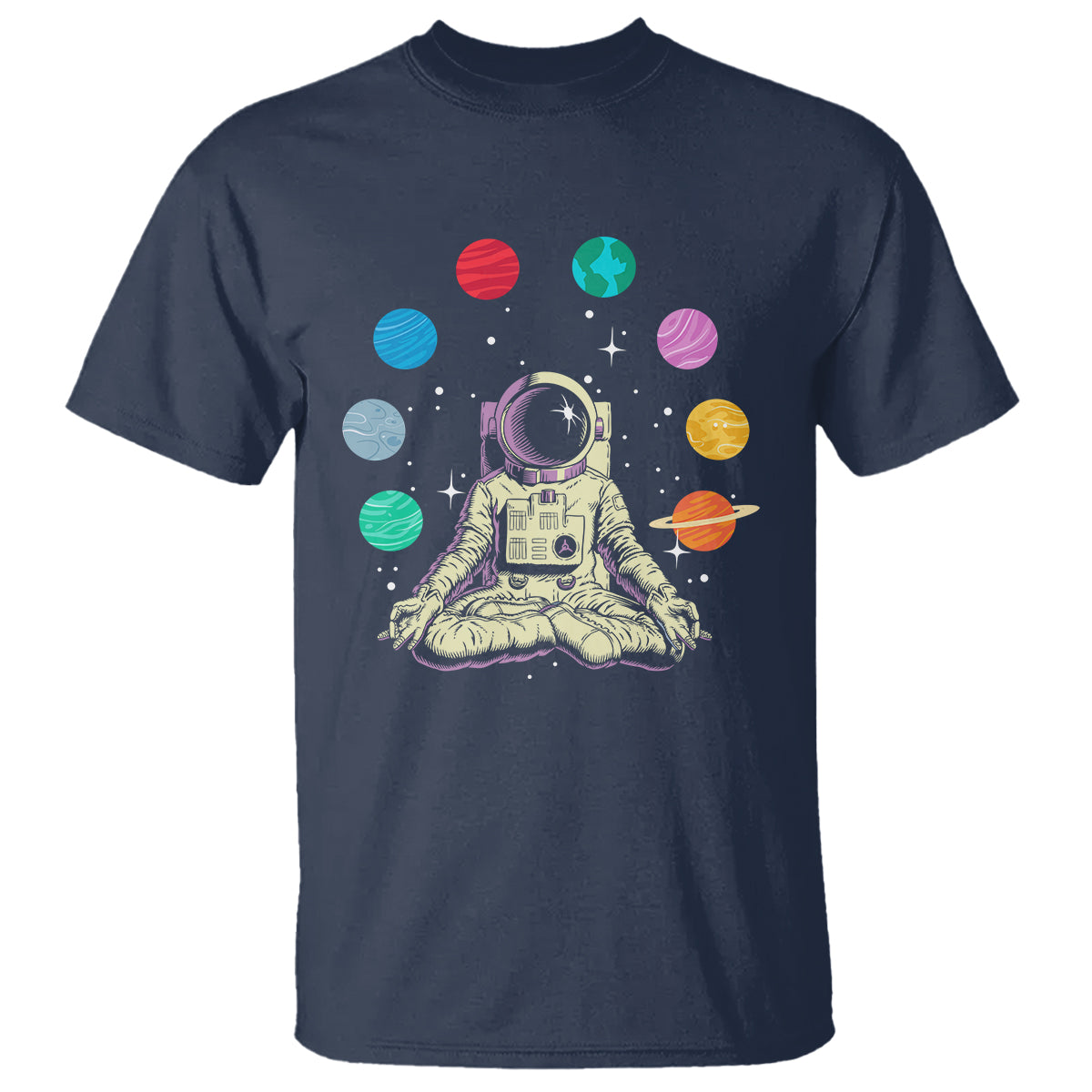 Meditating In Outer Space T Shirt Astronaut Yoga Meditation Position With Solar System Planets - Wonder Print Shop