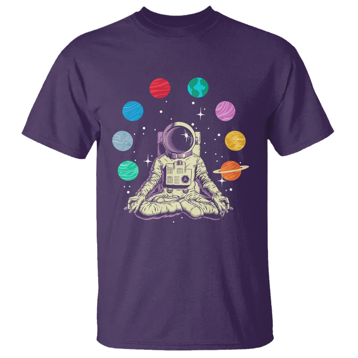 Meditating In Outer Space T Shirt Astronaut Yoga Meditation Position With Solar System Planets - Wonder Print Shop