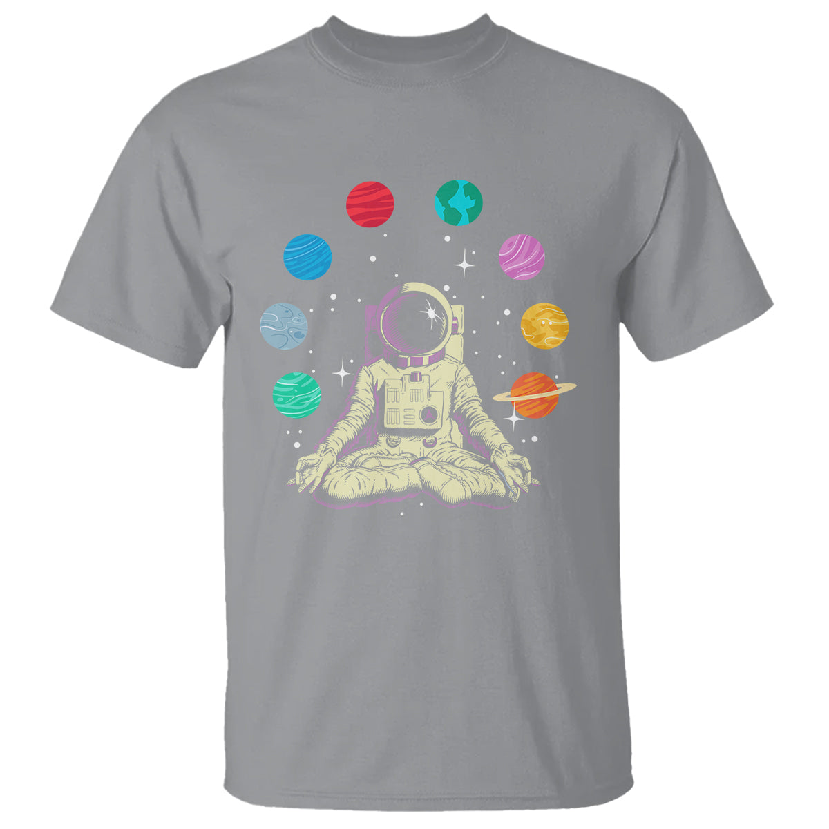 Meditating In Outer Space T Shirt Astronaut Yoga Meditation Position With Solar System Planets - Wonder Print Shop