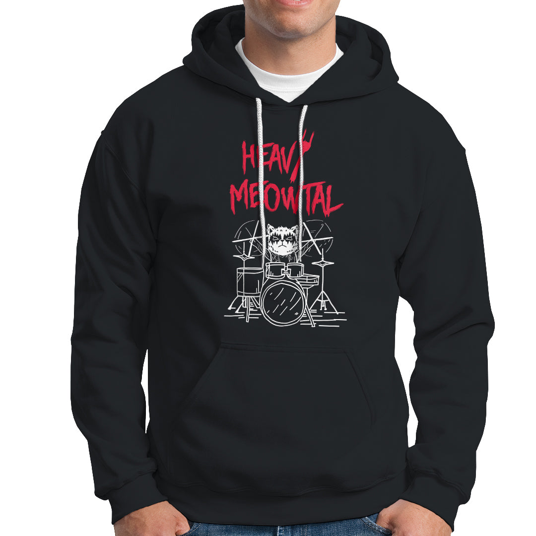 Heavy Metal Hoodie Cat Drummer Meowtal Rock Drum Band - Wonder Print Shop