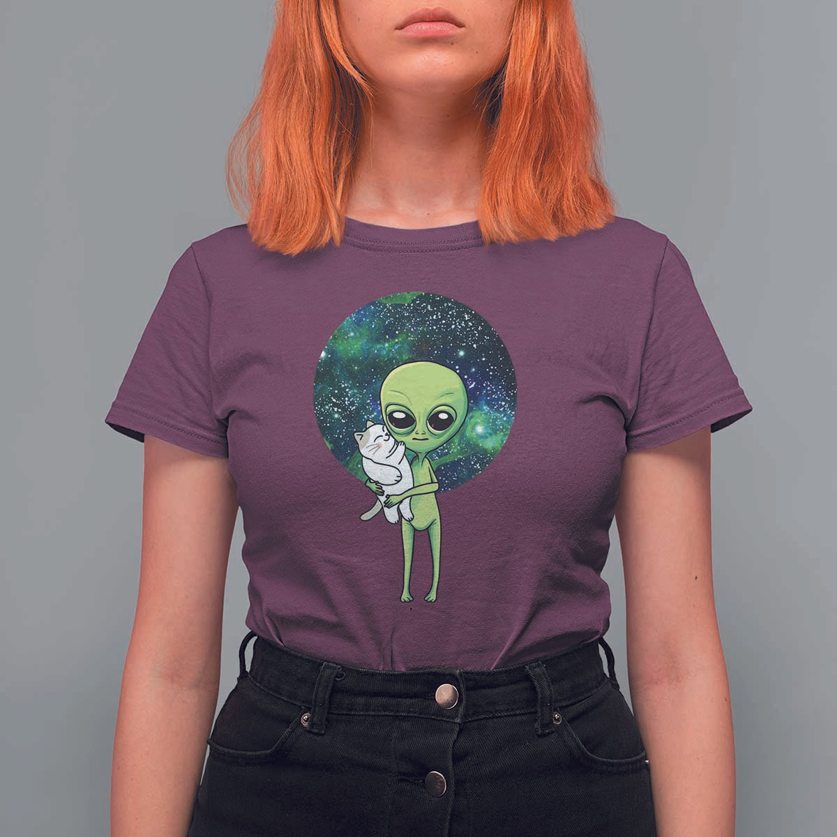 Cute Alien Hugs Cat T Shirt For Women