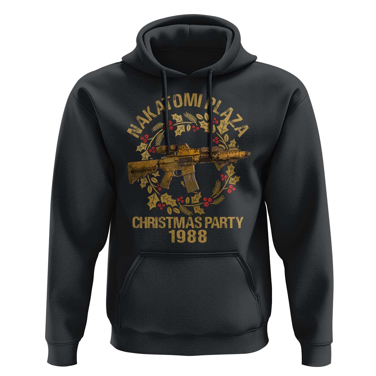 Nakatomi Plaza Christmas Party Hoodie American Patriotic Gold Holly Wreath Machine Gun