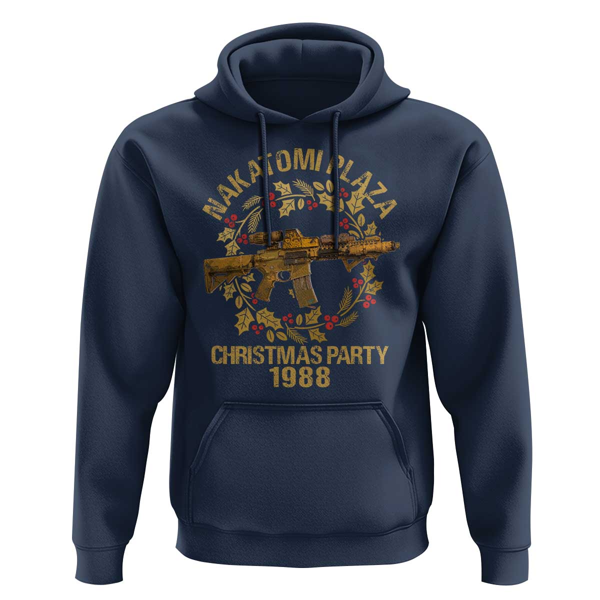 Nakatomi Plaza Christmas Party Hoodie American Patriotic Gold Holly Wreath Machine Gun