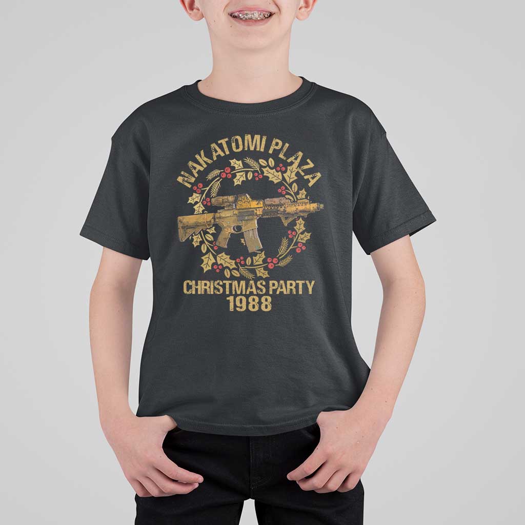 Nakatomi Plaza Christmas Party T Shirt For Kid American Patriotic Gold Holly Wreath Machine Gun - Wonder Print Shop
