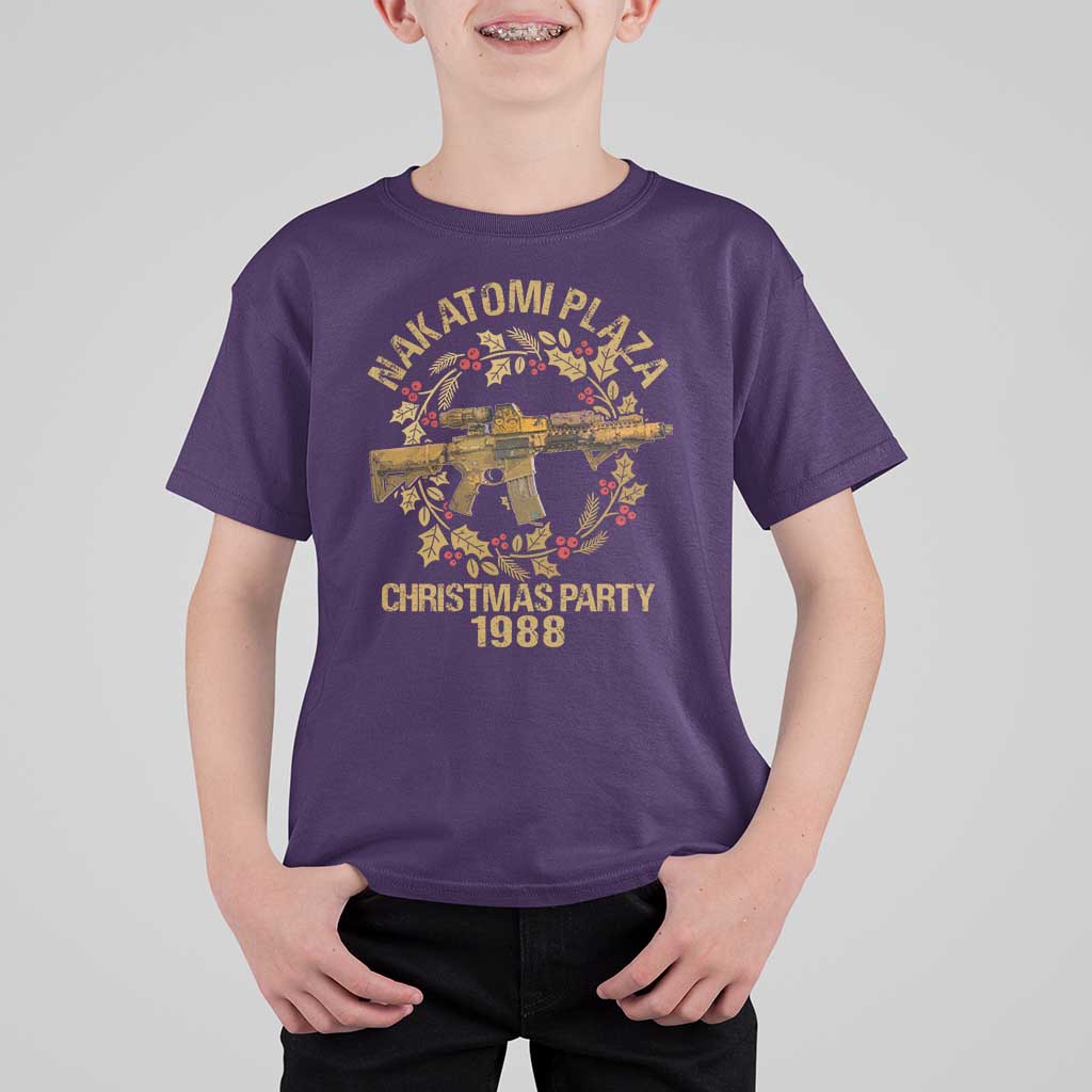 Nakatomi Plaza Christmas Party T Shirt For Kid American Patriotic Gold Holly Wreath Machine Gun - Wonder Print Shop
