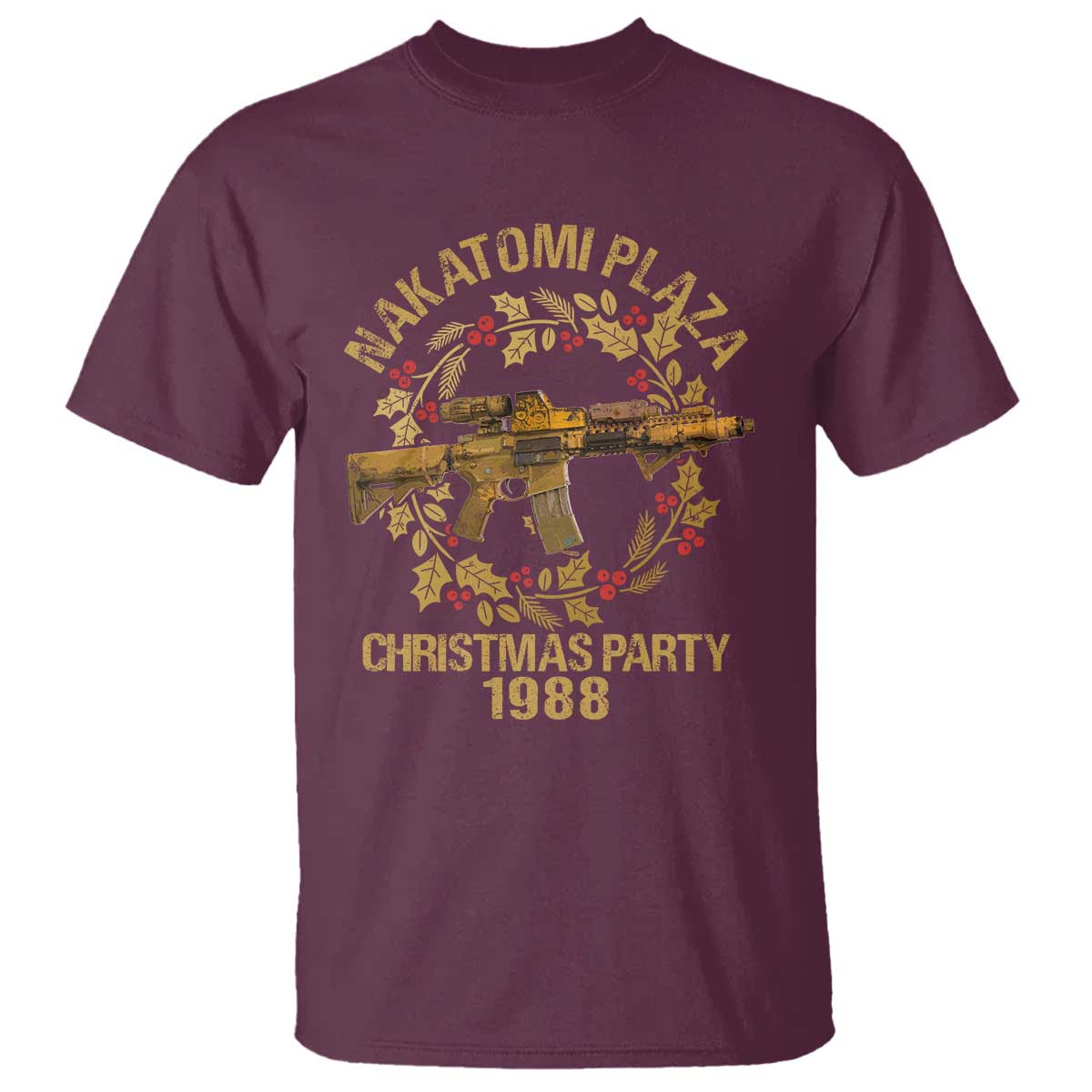 Nakatomi Plaza Christmas Party T Shirt American Patriotic Gold Holly Wreath Machine Gun - Wonder Print Shop