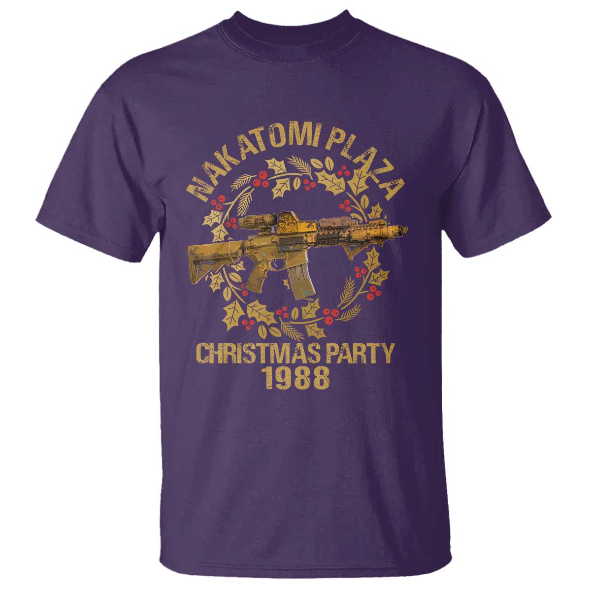 Nakatomi Plaza Christmas Party T Shirt American Patriotic Gold Holly Wreath Machine Gun - Wonder Print Shop
