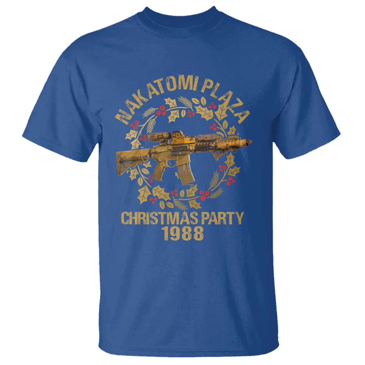 Nakatomi Plaza Christmas Party T Shirt American Patriotic Gold Holly Wreath Machine Gun - Wonder Print Shop