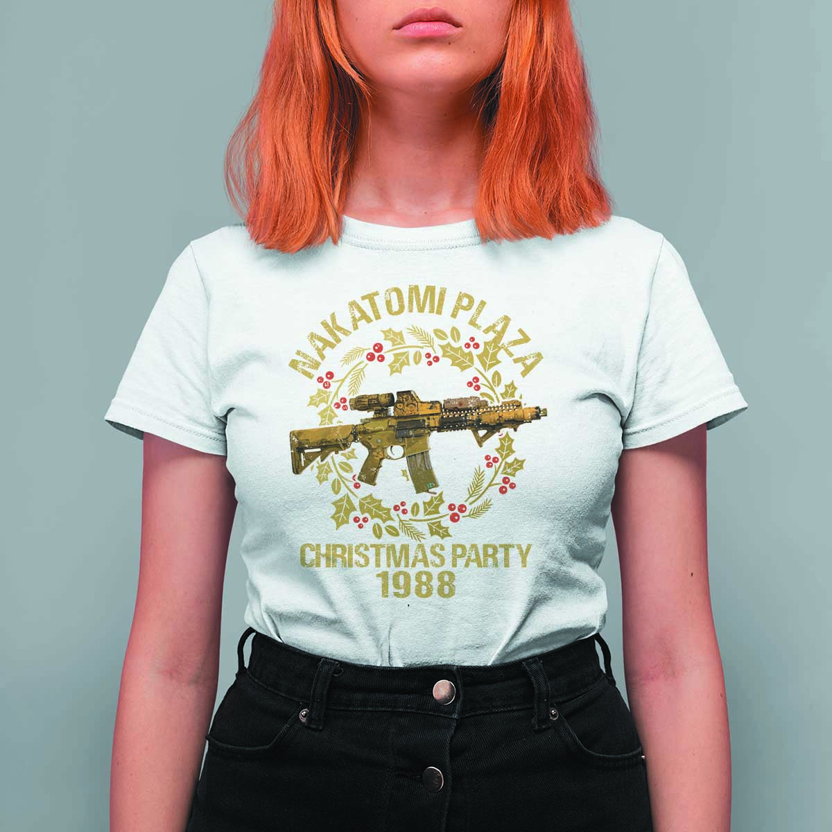Nakatomi Plaza Christmas Party T Shirt For Women American Patriotic Gold Holly Wreath Machine Gun - Wonder Print Shop
