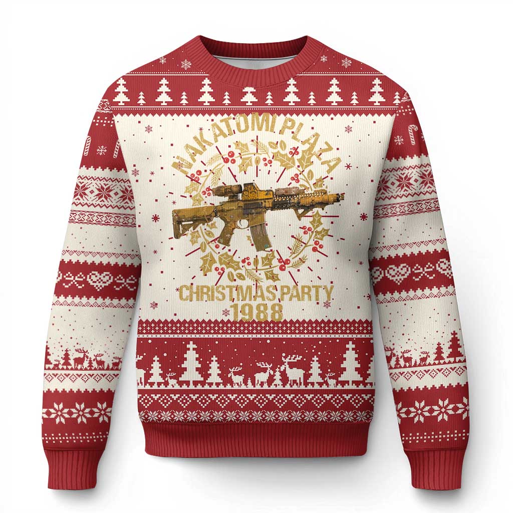Nakatomi Plaza Christmas Party Ugly Christmas Sweater American Patriotic Gold Holly Wreath Machine Gun - Wonder Print Shop