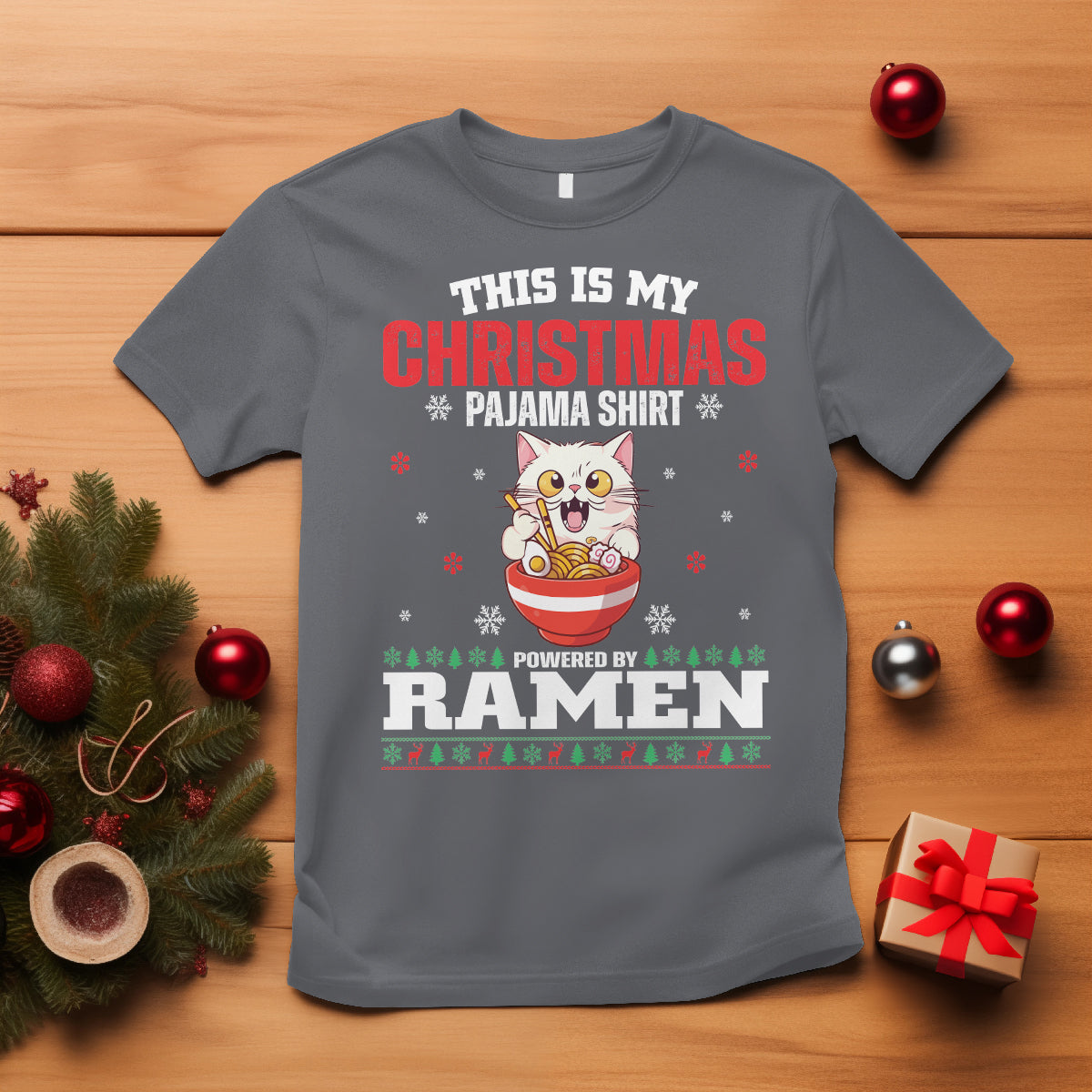 Kawaii Cat Powered By Ramen Christmas Japanese Noodle T Shirt - Wonder Print Shop