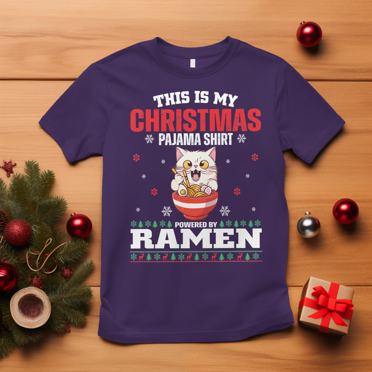 Kawaii Cat Powered By Ramen Christmas Japanese Noodle T Shirt - Wonder Print Shop