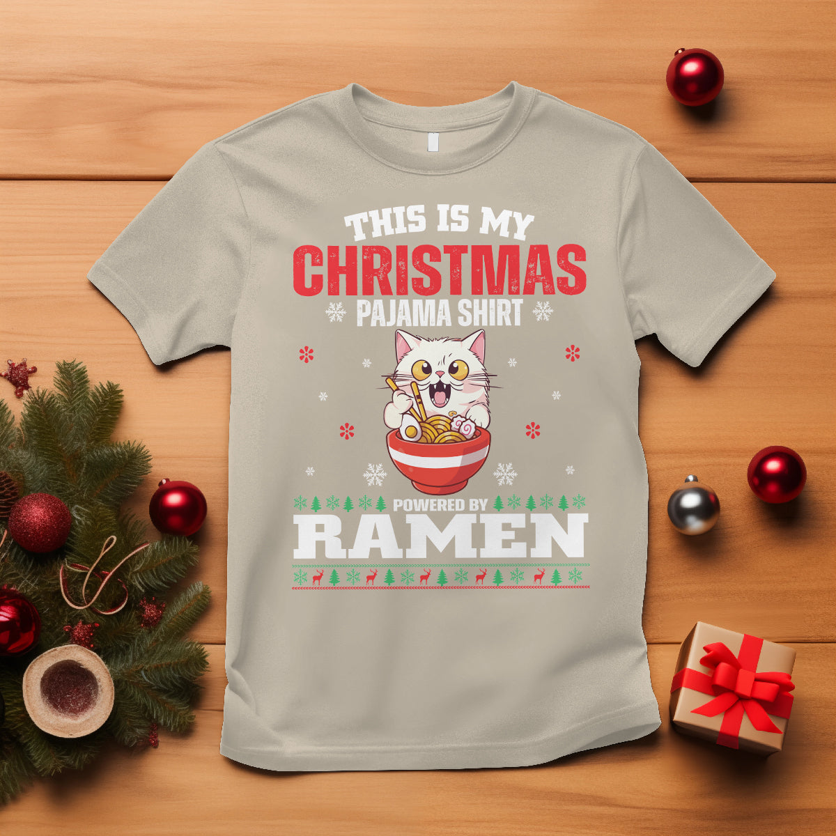 Kawaii Cat Powered By Ramen Christmas Japanese Noodle T Shirt - Wonder Print Shop
