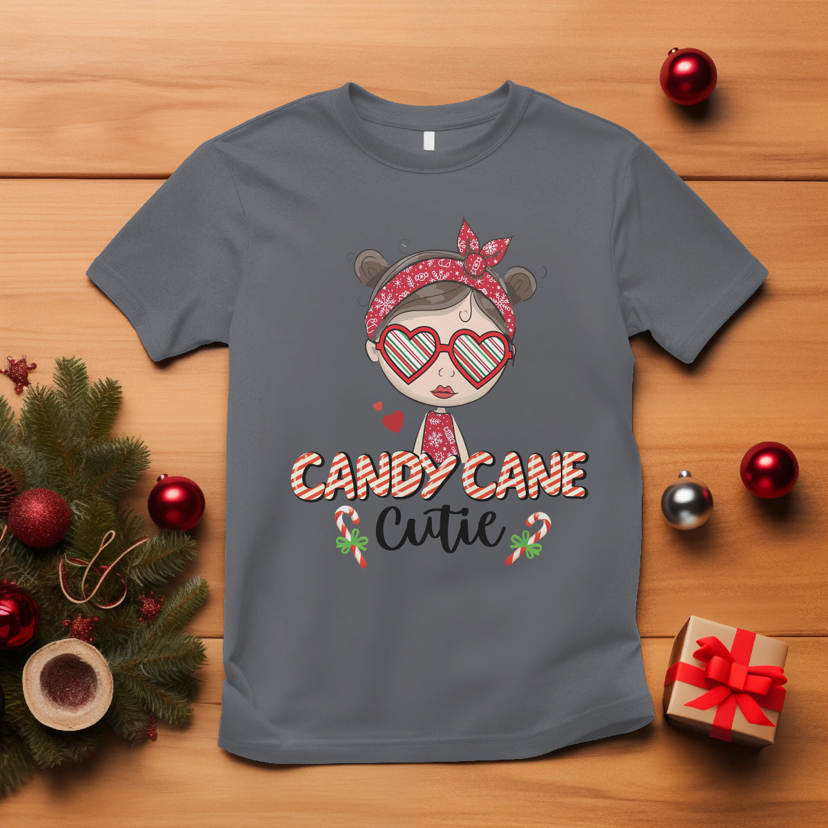 Candy Cane Cutie Christmas Cute Girl Kid Messy Bun T Shirt - Wonder Print Shop