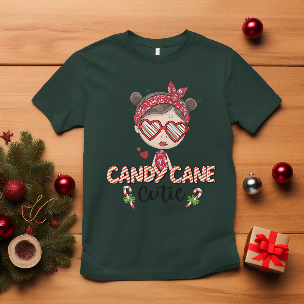 Candy Cane Cutie Christmas Cute Girl Kid Messy Bun T Shirt - Wonder Print Shop