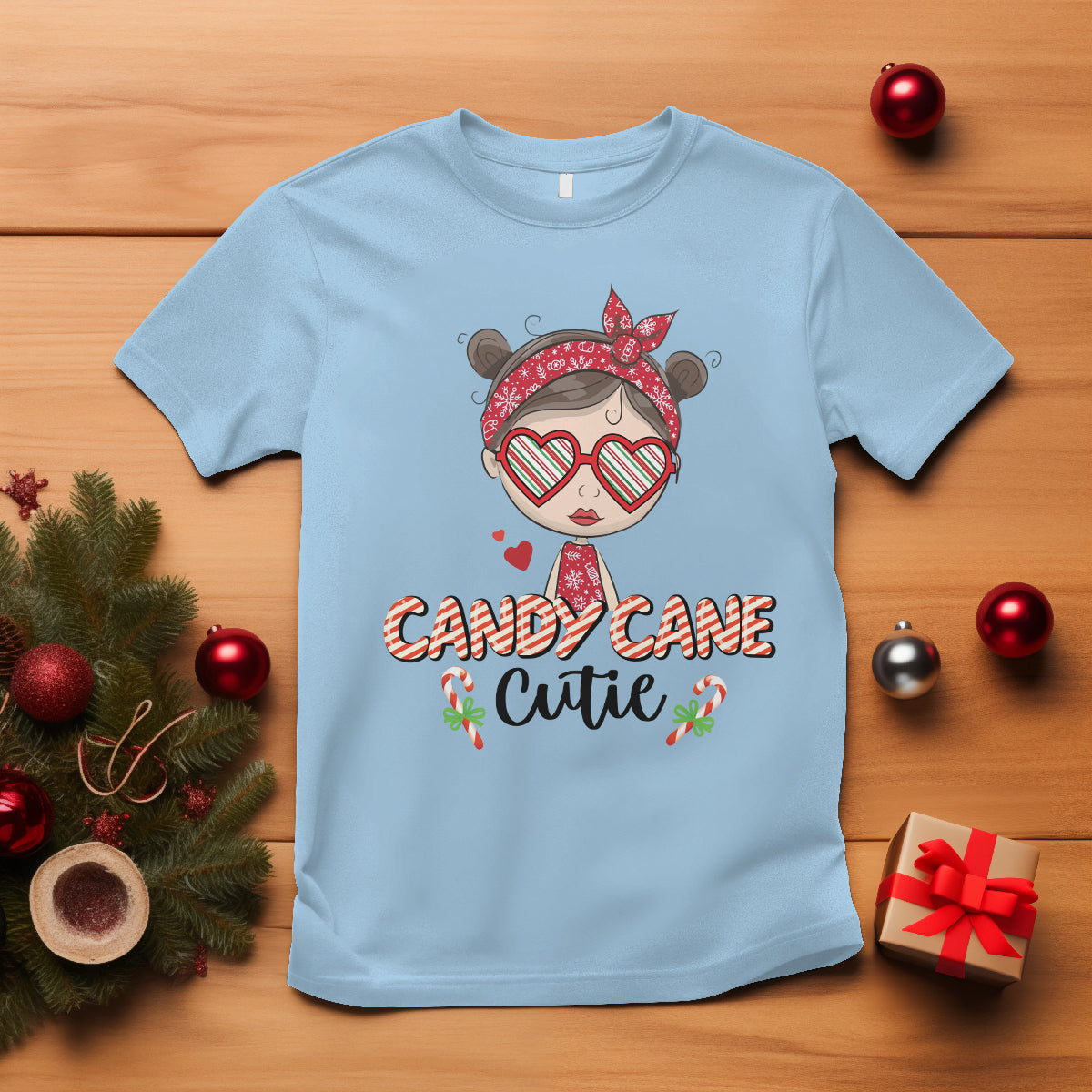Candy Cane Cutie Christmas Cute Girl Kid Messy Bun T Shirt - Wonder Print Shop