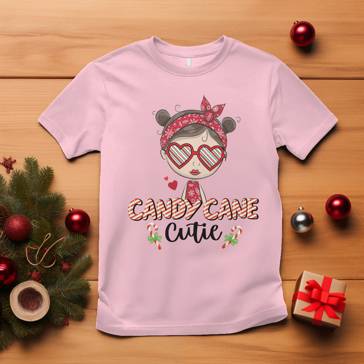 Candy Cane Cutie Christmas Cute Girl Kid Messy Bun T Shirt - Wonder Print Shop