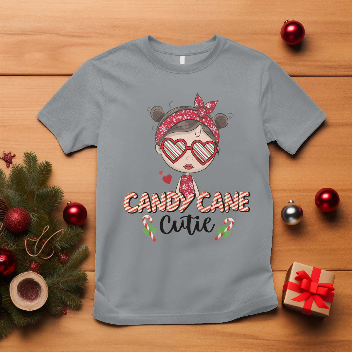 Candy Cane Cutie Christmas Cute Girl Kid Messy Bun T Shirt - Wonder Print Shop