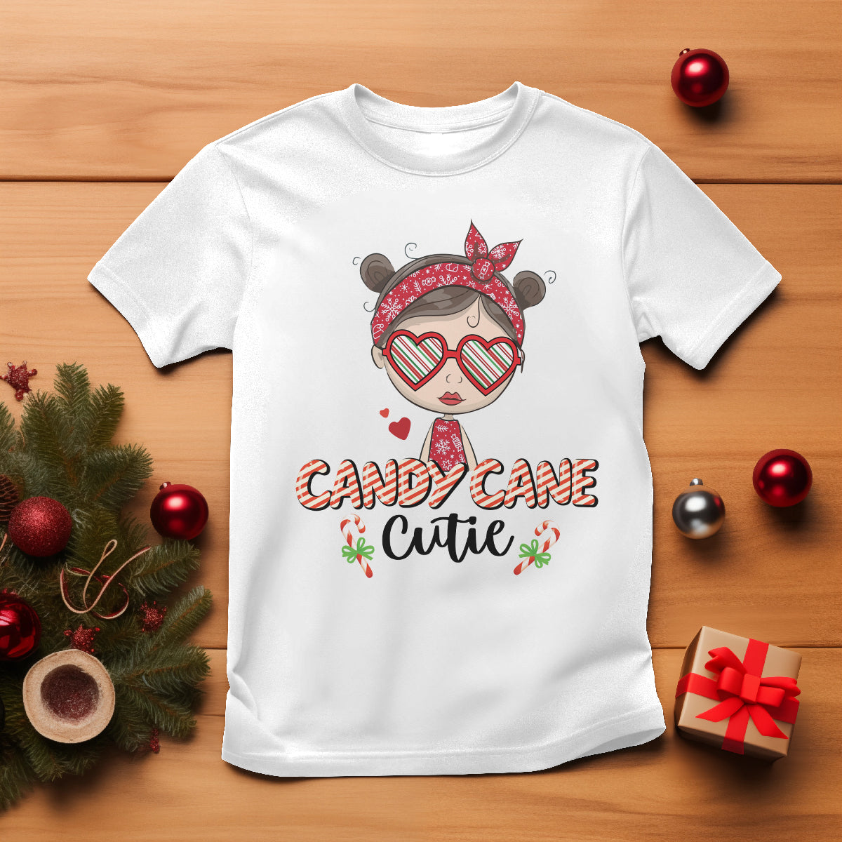 Candy Cane Cutie Christmas Cute Girl Kid Messy Bun T Shirt - Wonder Print Shop