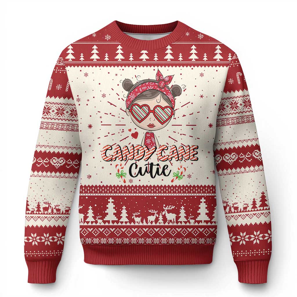 Candy Cane Cutie Christmas Cute Girl Kid Messy Bun Ugly Christmas Sweater - Wonder Print Shop