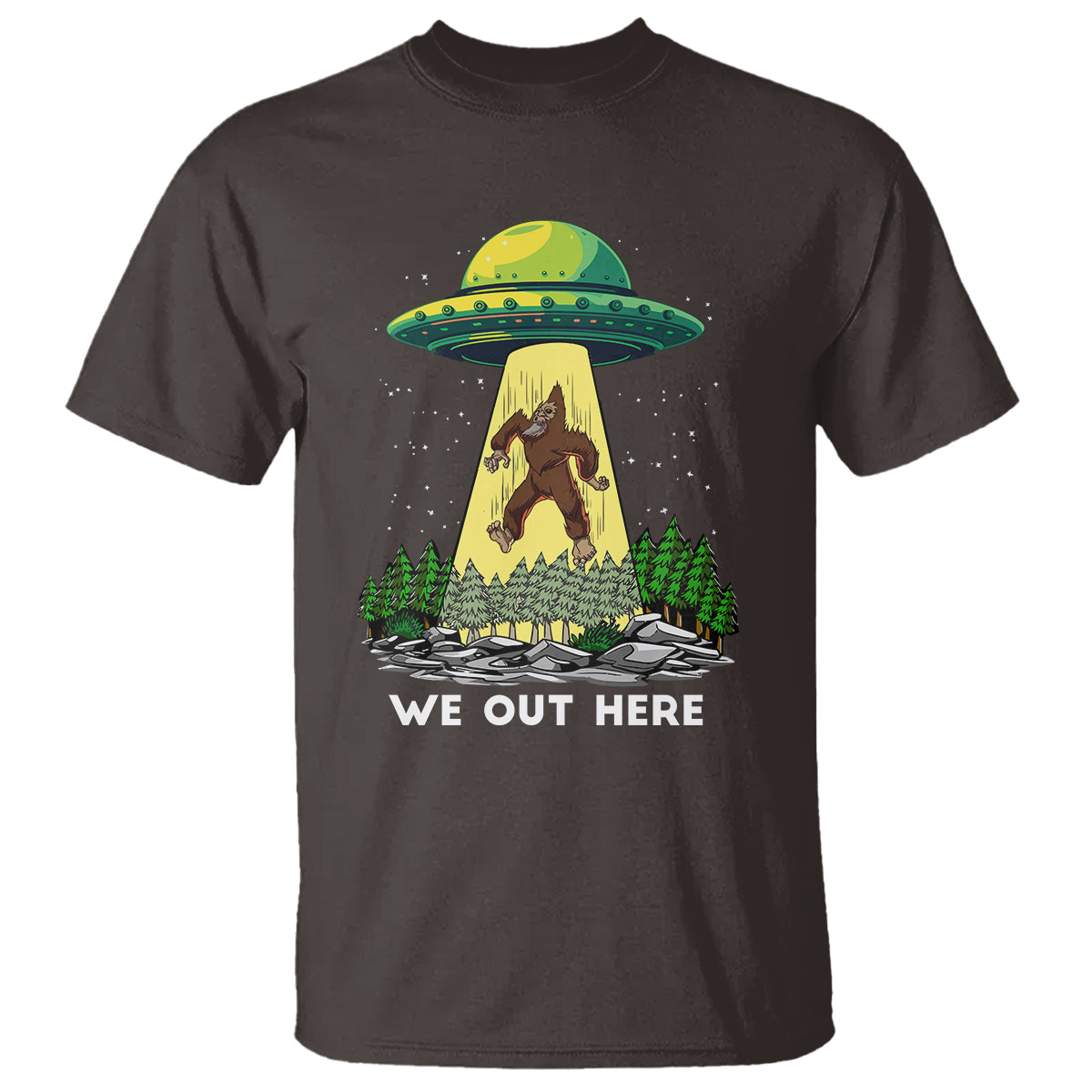 Funny Bigfoot And UFO We Out Here Sasquatch T Shirt - Wonder Print Shop