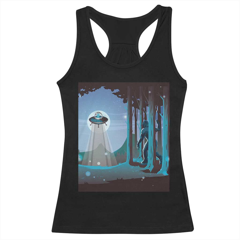 Bigfoot Hiding From Alien UFO Funny Sasquatch Racerback Tank Top