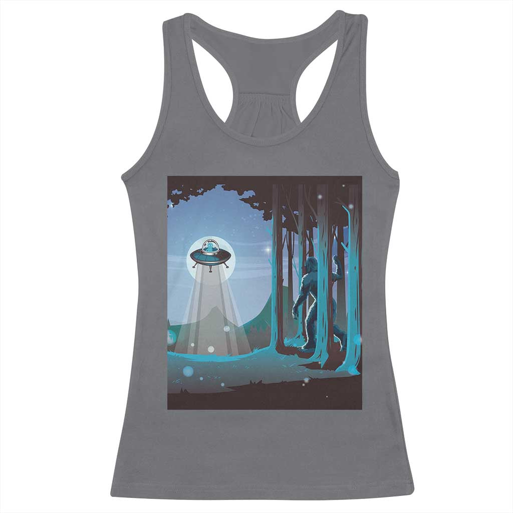 Bigfoot Hiding From Alien UFO Funny Sasquatch Racerback Tank Top