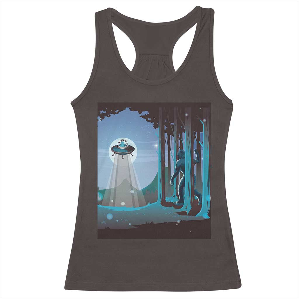 Bigfoot Hiding From Alien UFO Funny Sasquatch Racerback Tank Top