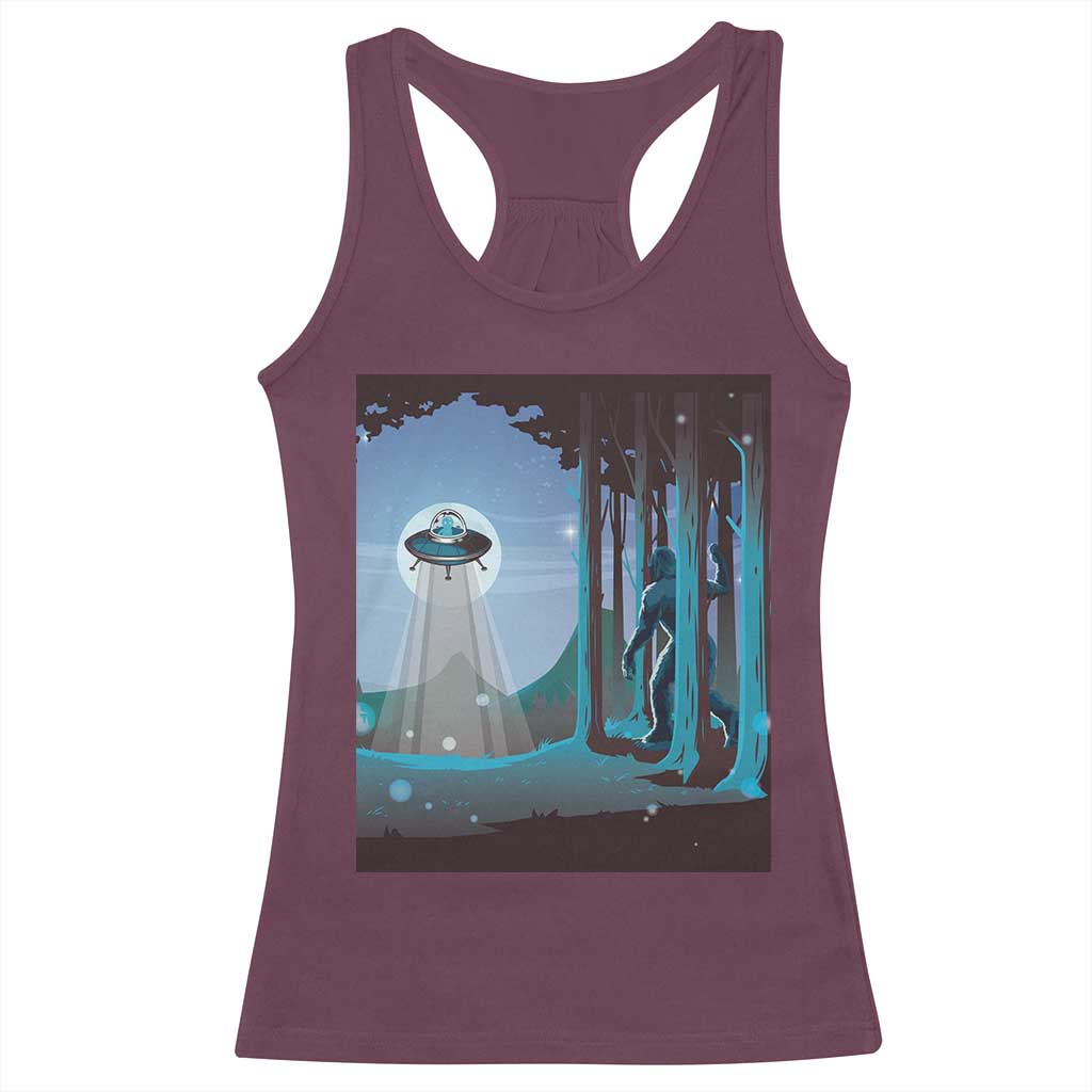 Bigfoot Hiding From Alien UFO Funny Sasquatch Racerback Tank Top