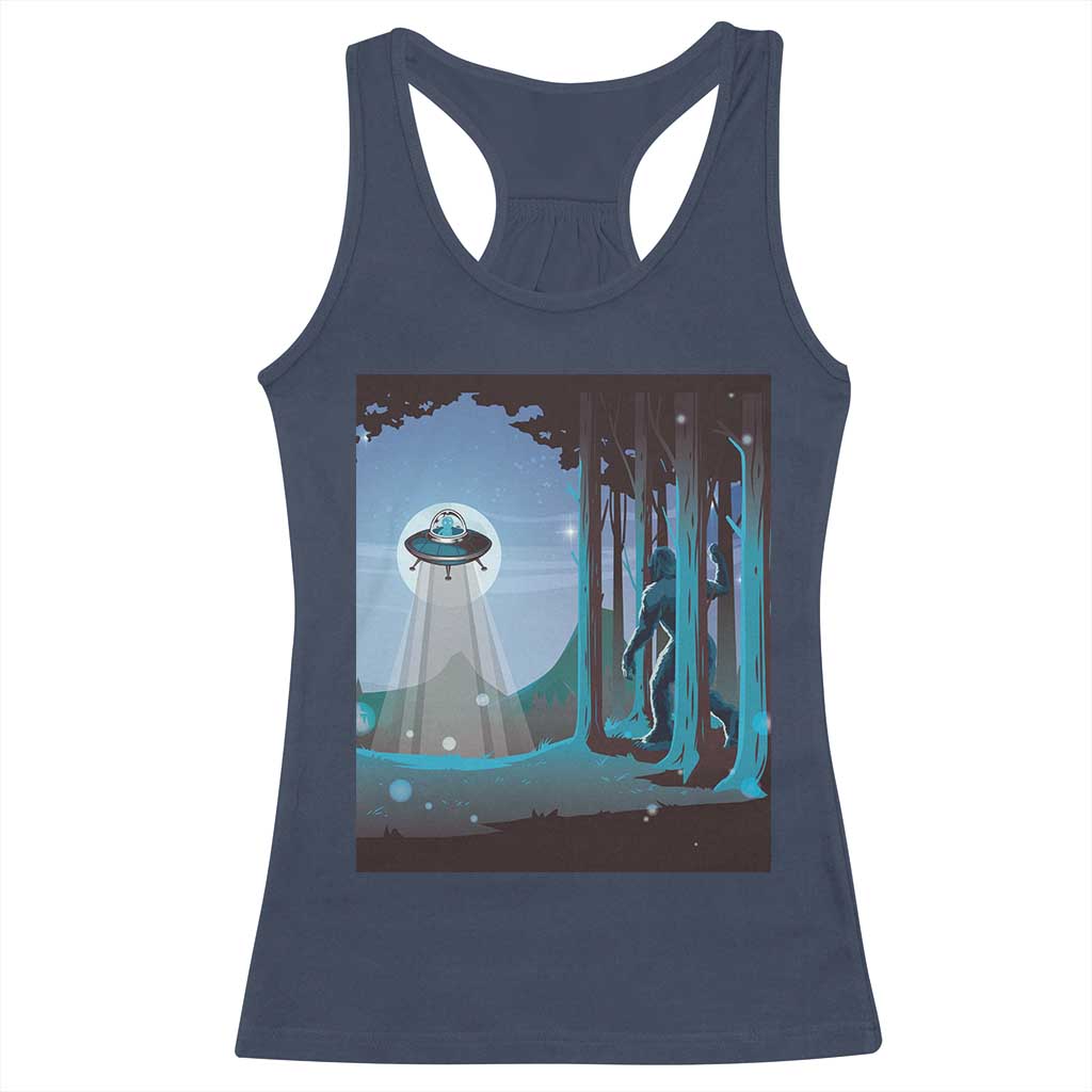 Bigfoot Hiding From Alien UFO Funny Sasquatch Racerback Tank Top