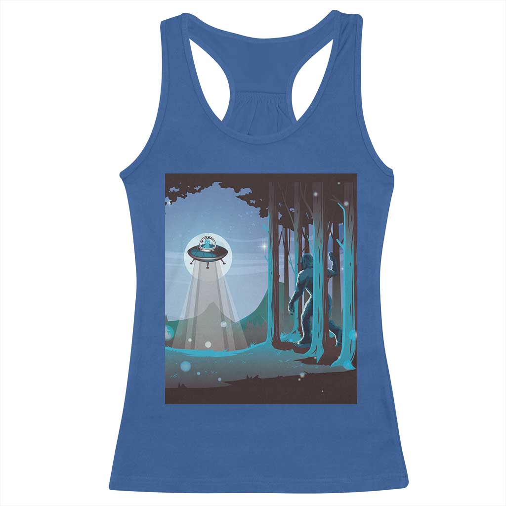 Bigfoot Hiding From Alien UFO Funny Sasquatch Racerback Tank Top