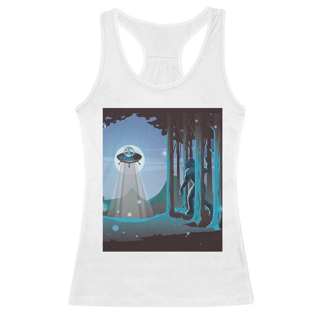 Bigfoot Hiding From Alien UFO Funny Sasquatch Racerback Tank Top