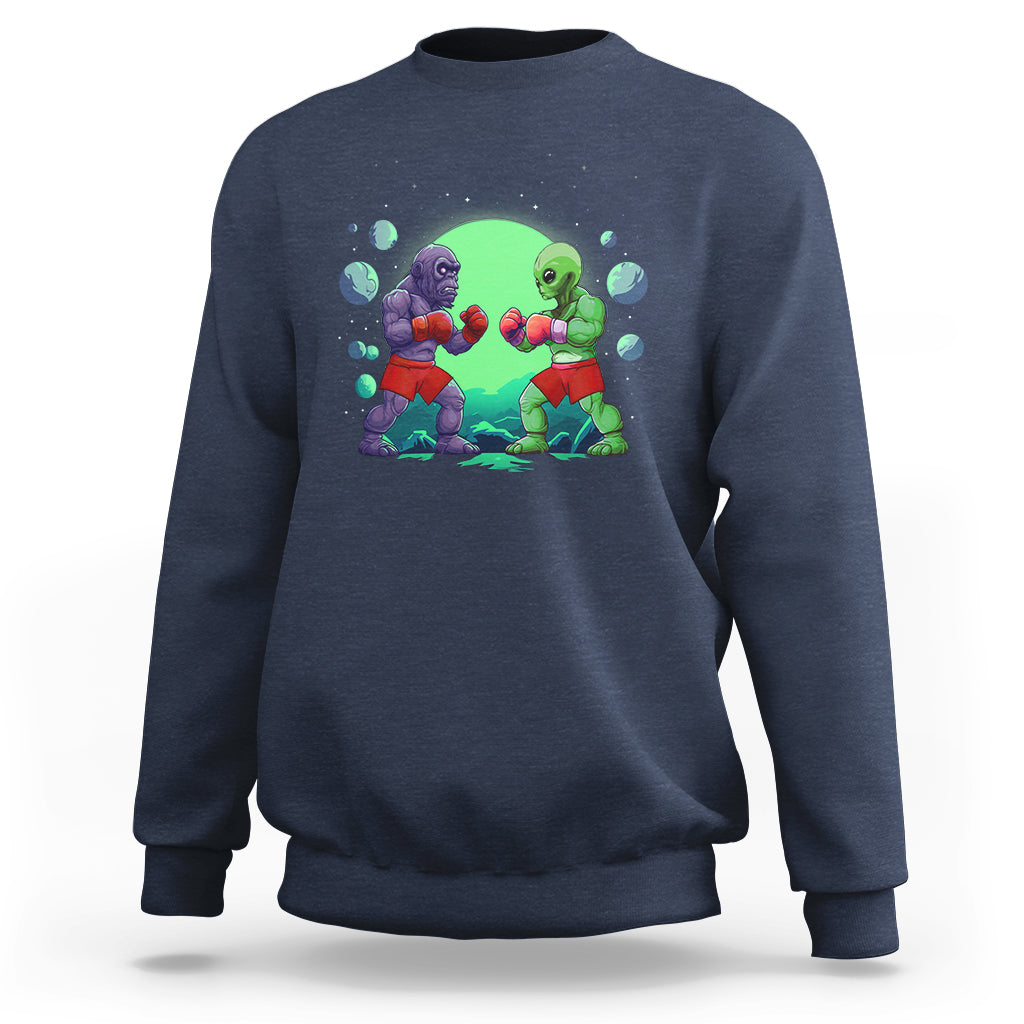 Bigfoot VS Alien Boxing Funny Sasquatch UFO Sweatshirt - Wonder Print Shop