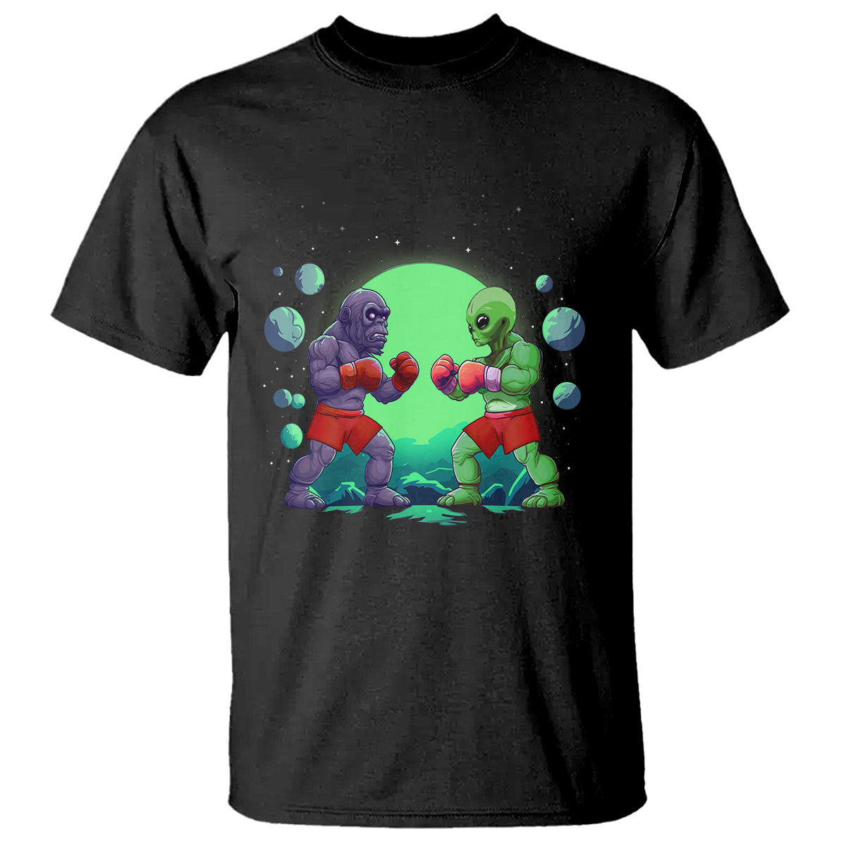 Bigfoot VS Alien Boxing Funny Sasquatch UFO T Shirt - Wonder Print Shop