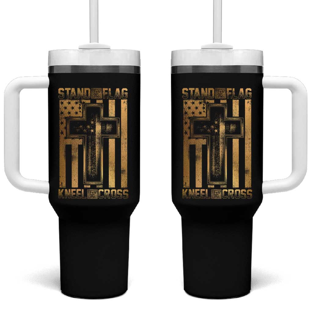 Christian Patriotic Tumbler With Handle Stand For The Flag Kneel For The Cross American Christ Cross