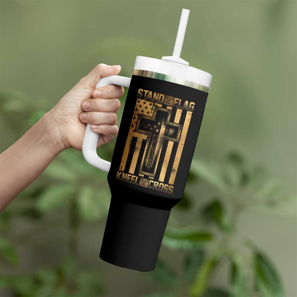 Christian Patriotic Tumbler With Handle Stand For The Flag Kneel For The Cross American Christ Cross