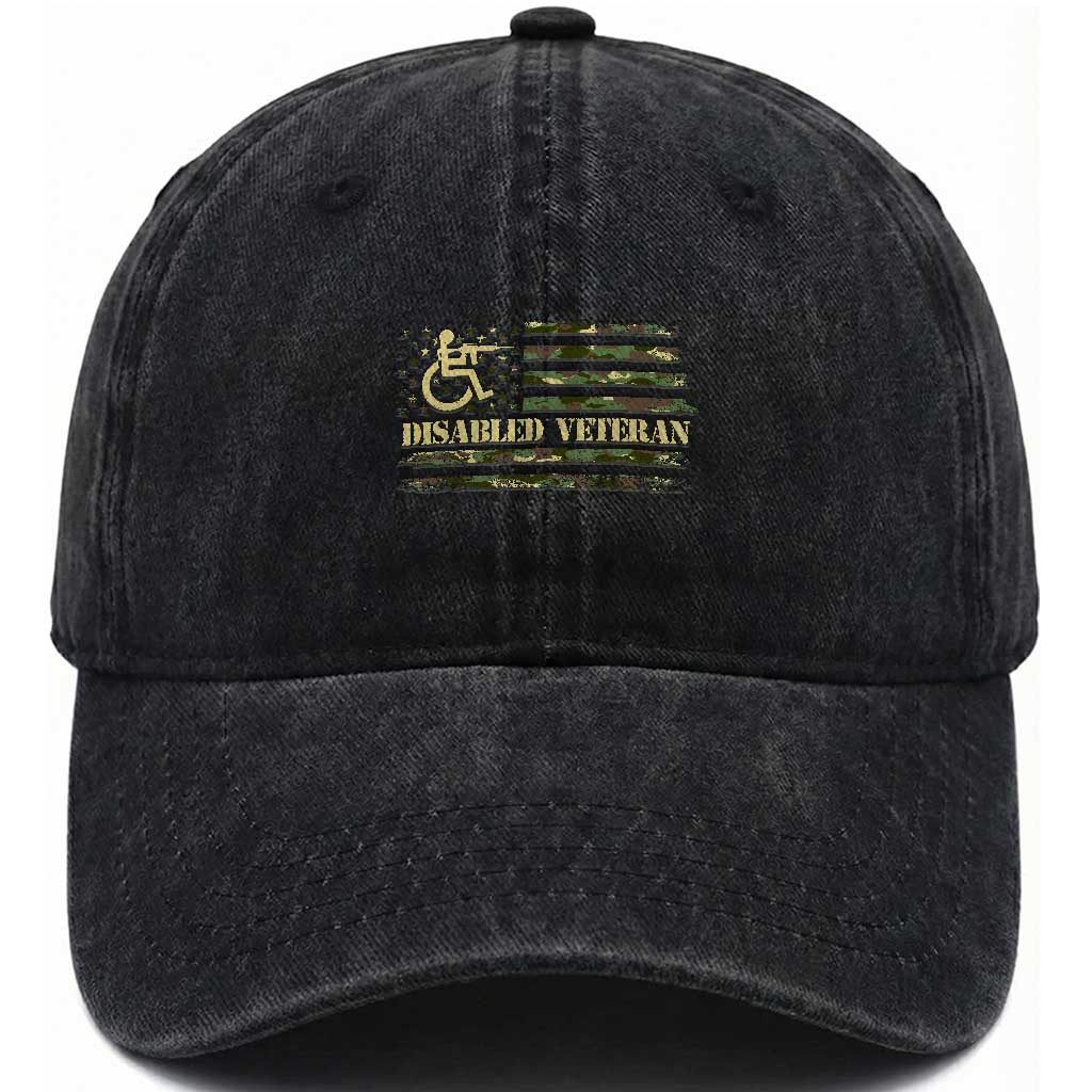 Disabled Veteran Washed Cotton Baseball Cap Camouflage American Flag Patriotic Veterans Day