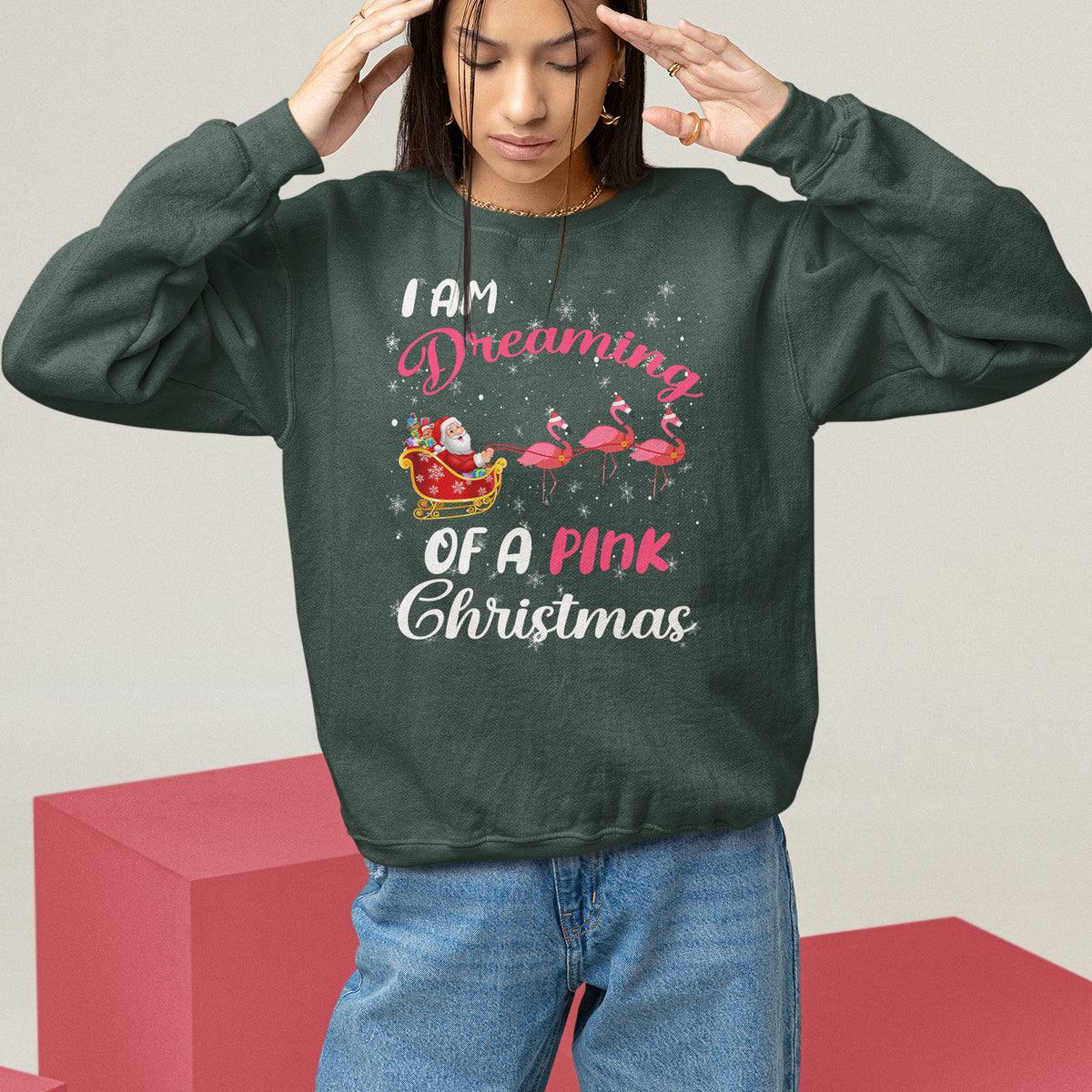 I Am Dreaming Of A Pink Christmas Santa Flamingo Sweatshirt - Wonder Print Shop