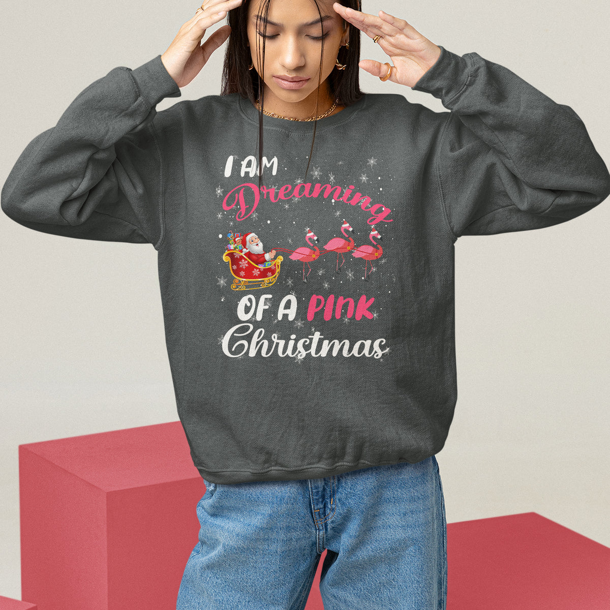 I Am Dreaming Of A Pink Christmas Santa Flamingo Sweatshirt - Wonder Print Shop