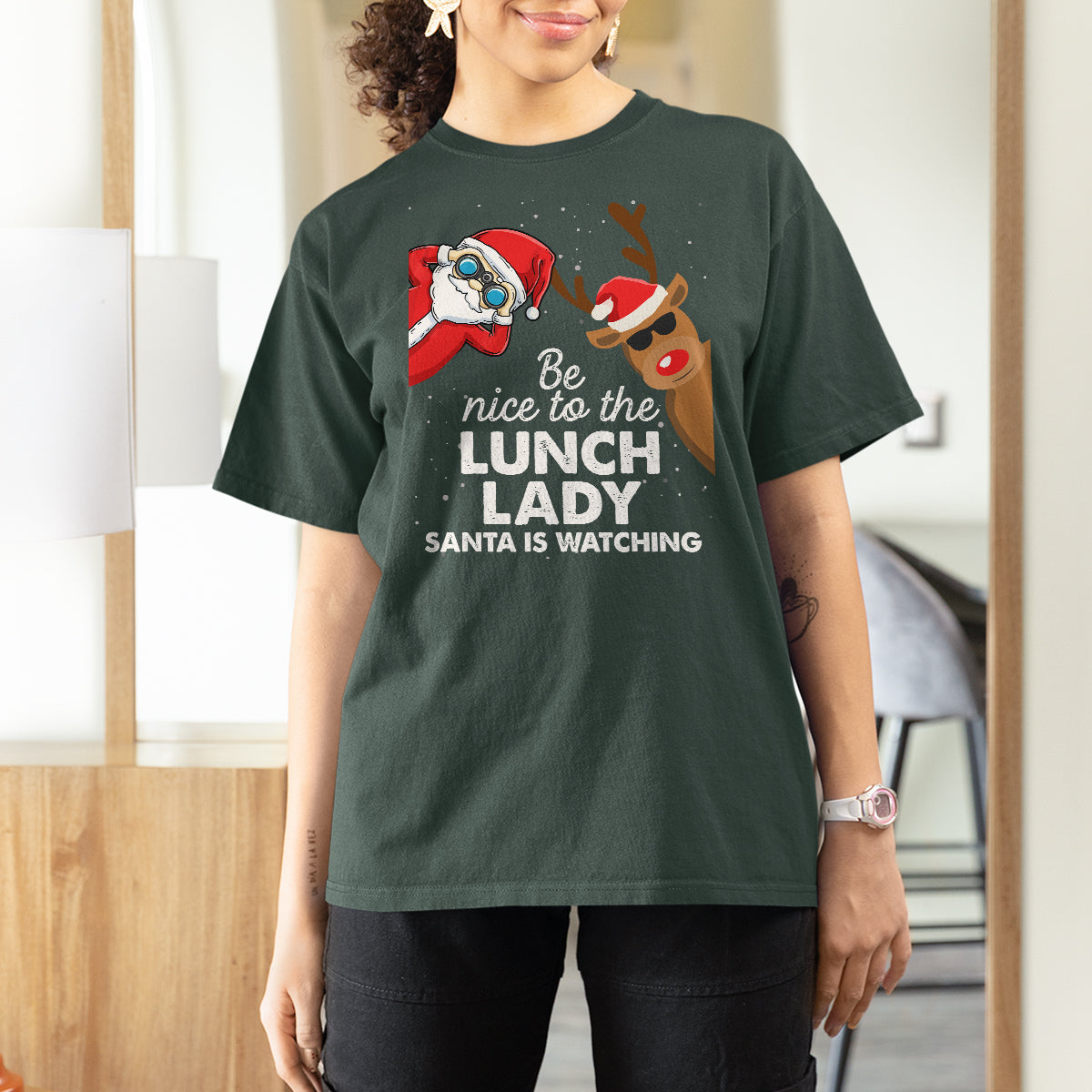 Be Nice To The Lunch Lady Santa Is Watching Funny Christmas T Shirt For Women - Wonder Print Shop