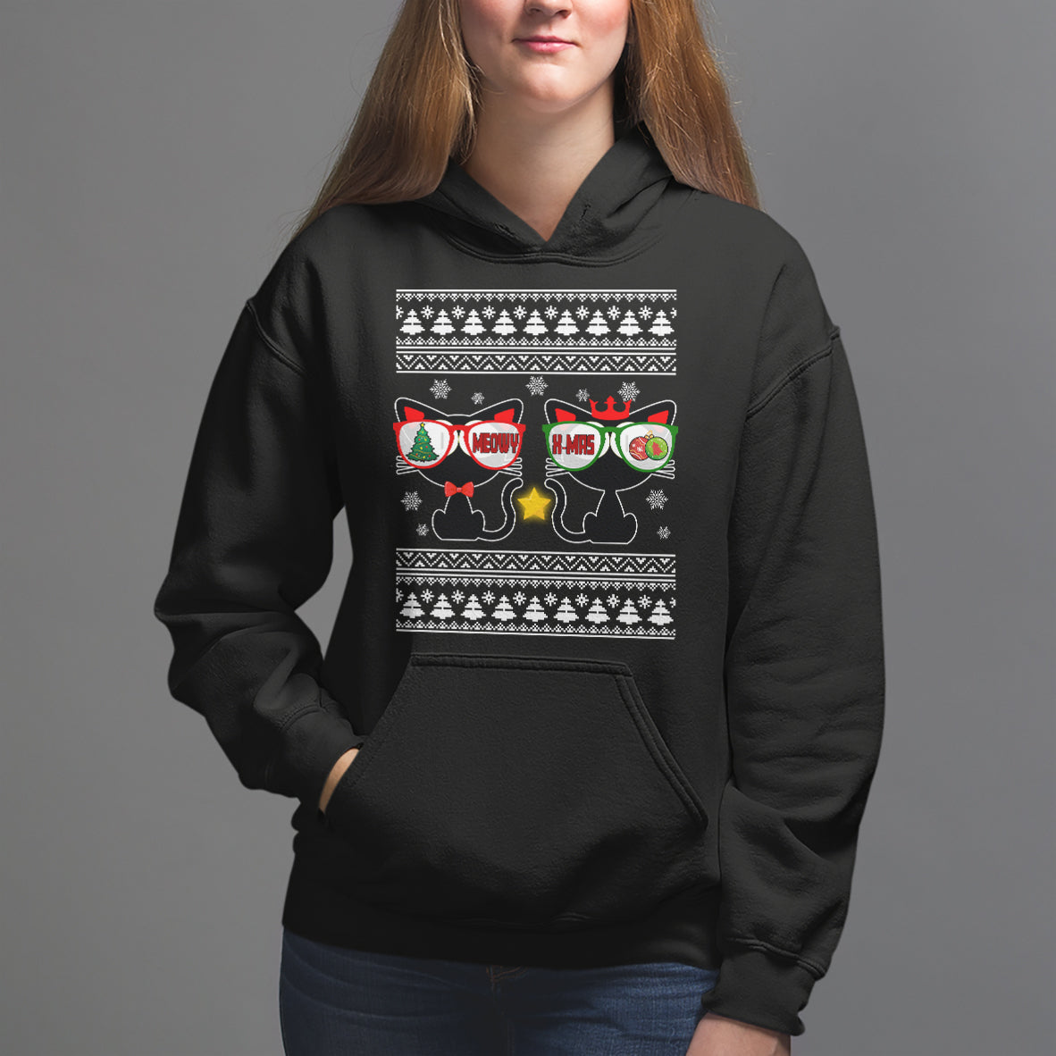 Meowy Xmas Funny Cat Couple With Sunglass Hoodie - Wonder Print Shop