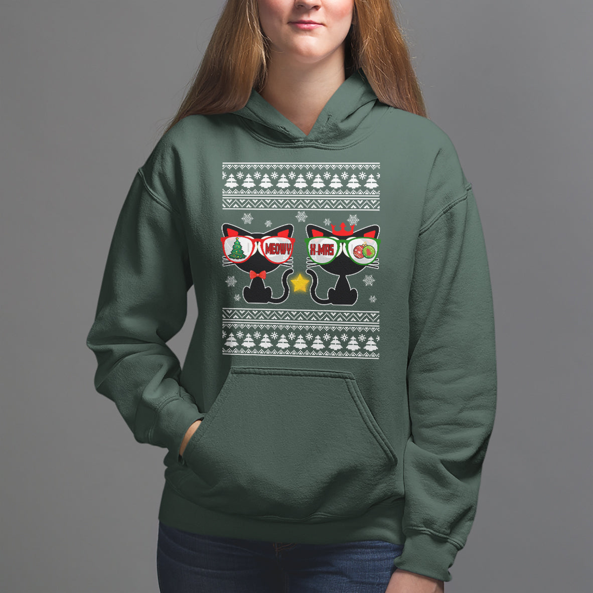 Meowy Xmas Funny Cat Couple With Sunglass Hoodie - Wonder Print Shop