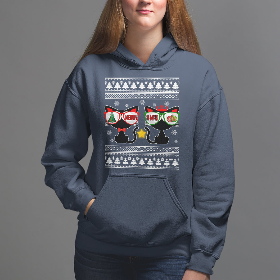Meowy Xmas Funny Cat Couple With Sunglass Hoodie - Wonder Print Shop