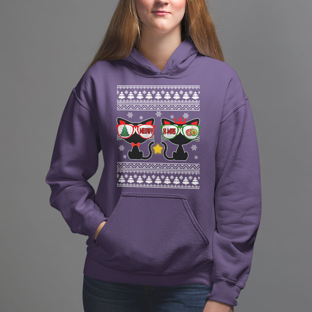 Meowy Xmas Funny Cat Couple With Sunglass Hoodie - Wonder Print Shop
