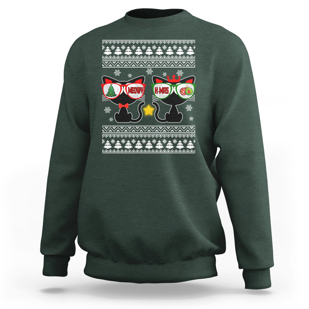 Meowy Xmas Funny Cat Couple With Sunglass Sweatshirt - Wonder Print Shop